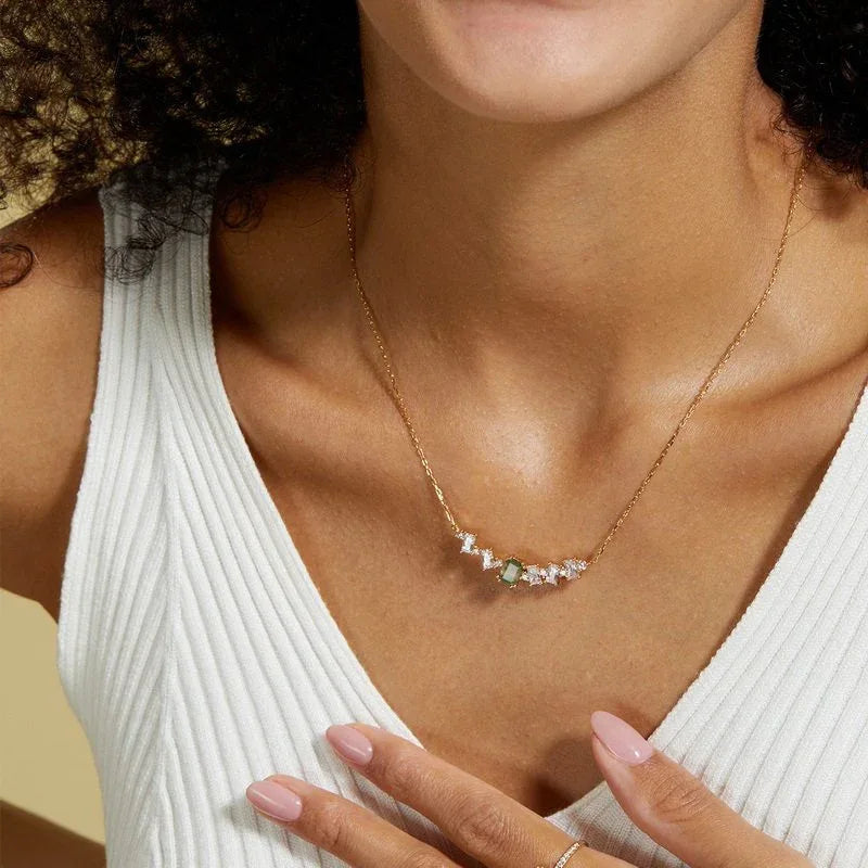 Multi-Stone Bar Moss Agate Necklace with Y-Drop Chain — neckline scale view 2