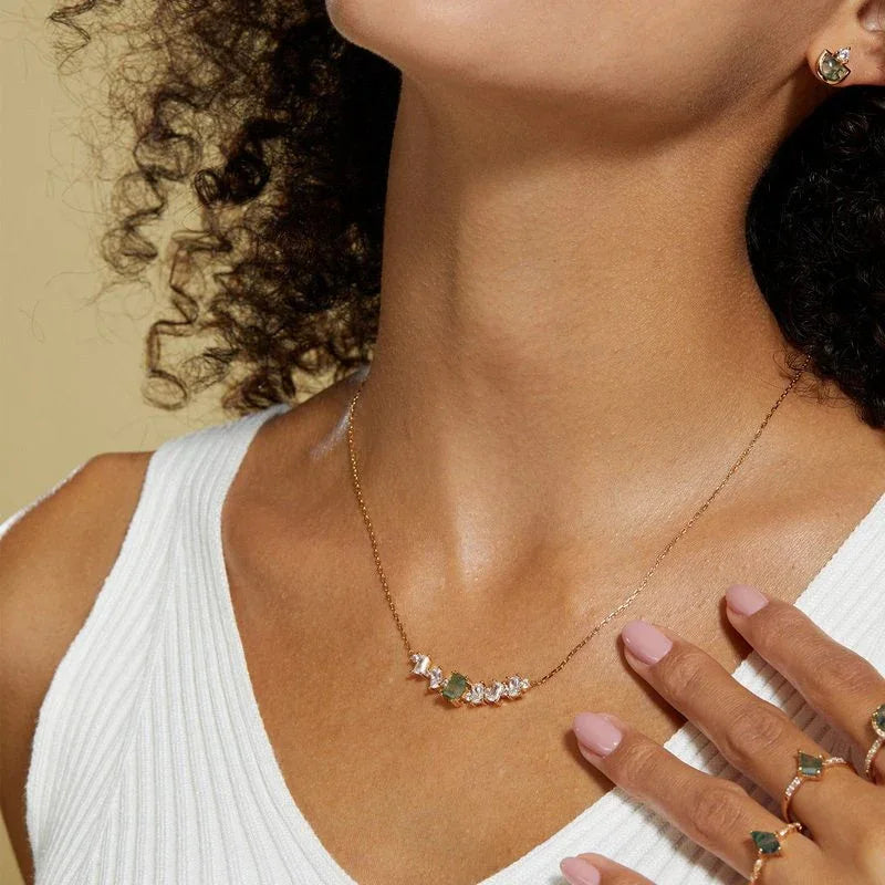 Multi-Stone Bar Moss Agate Necklace with Y-Drop Chain — pendant close-up 3