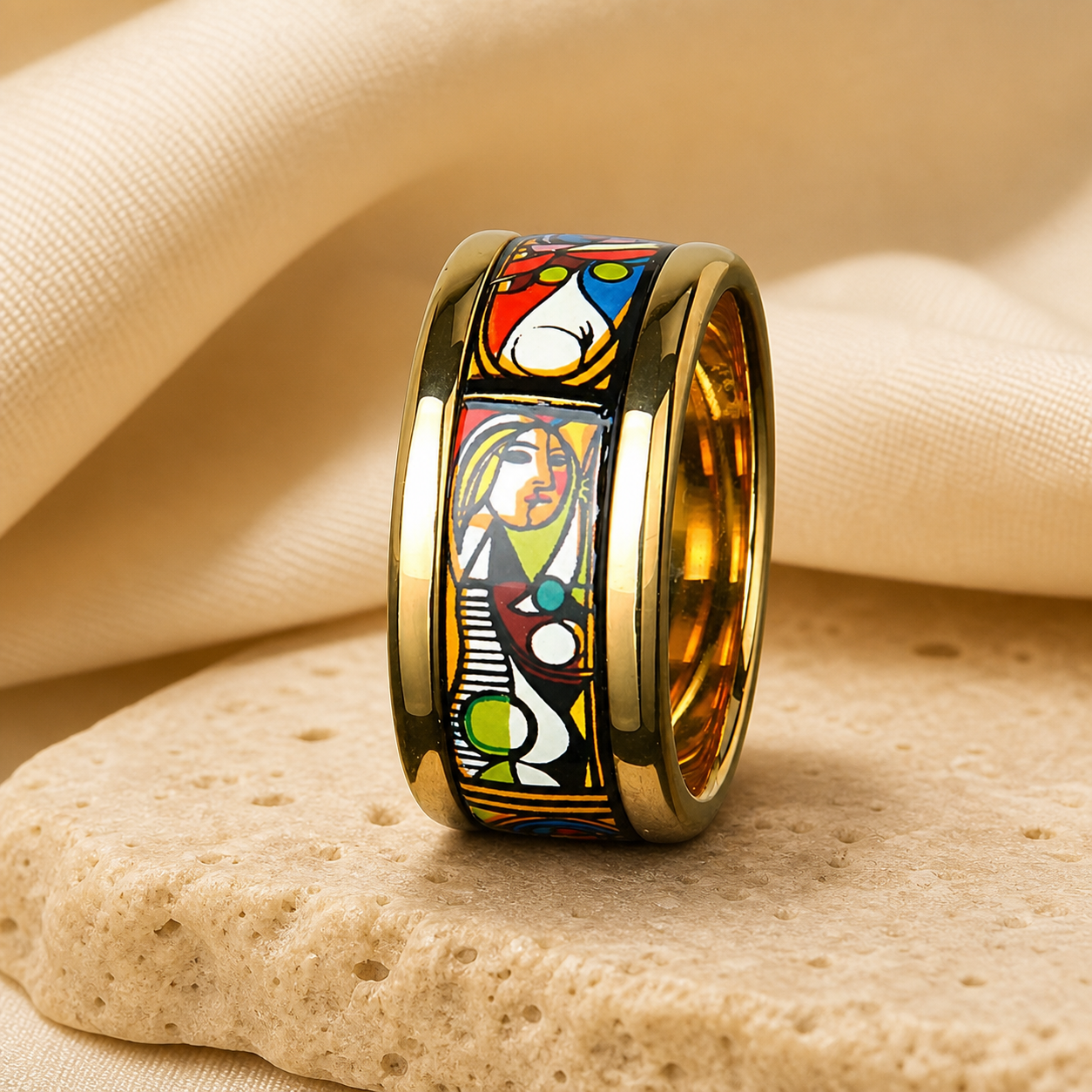 Wide gold-tone ceramic ring with a multicolor abstract portrait enamel panel on beige stone