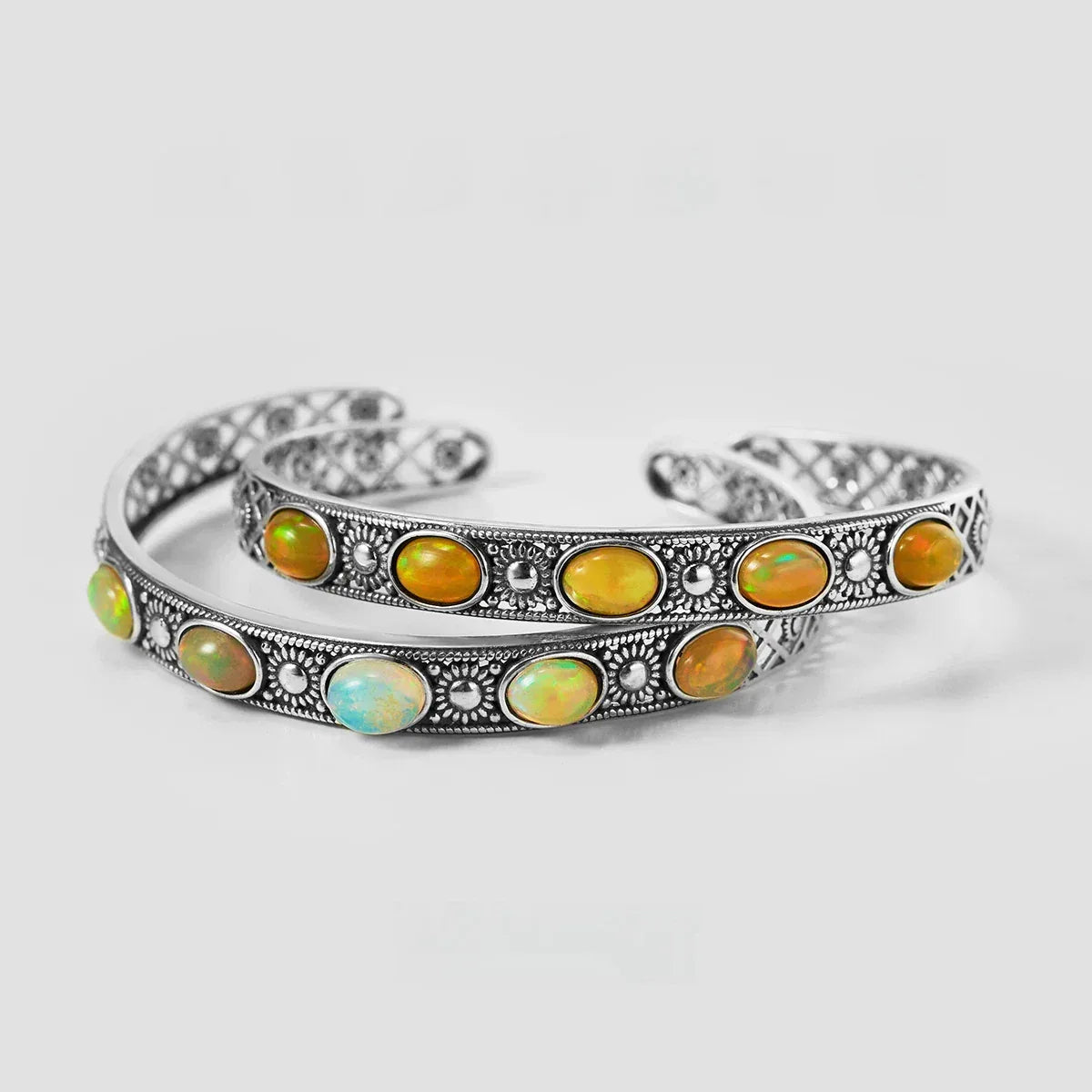 Multicolor Opal Open Cuff Bracelet worn on the wrist