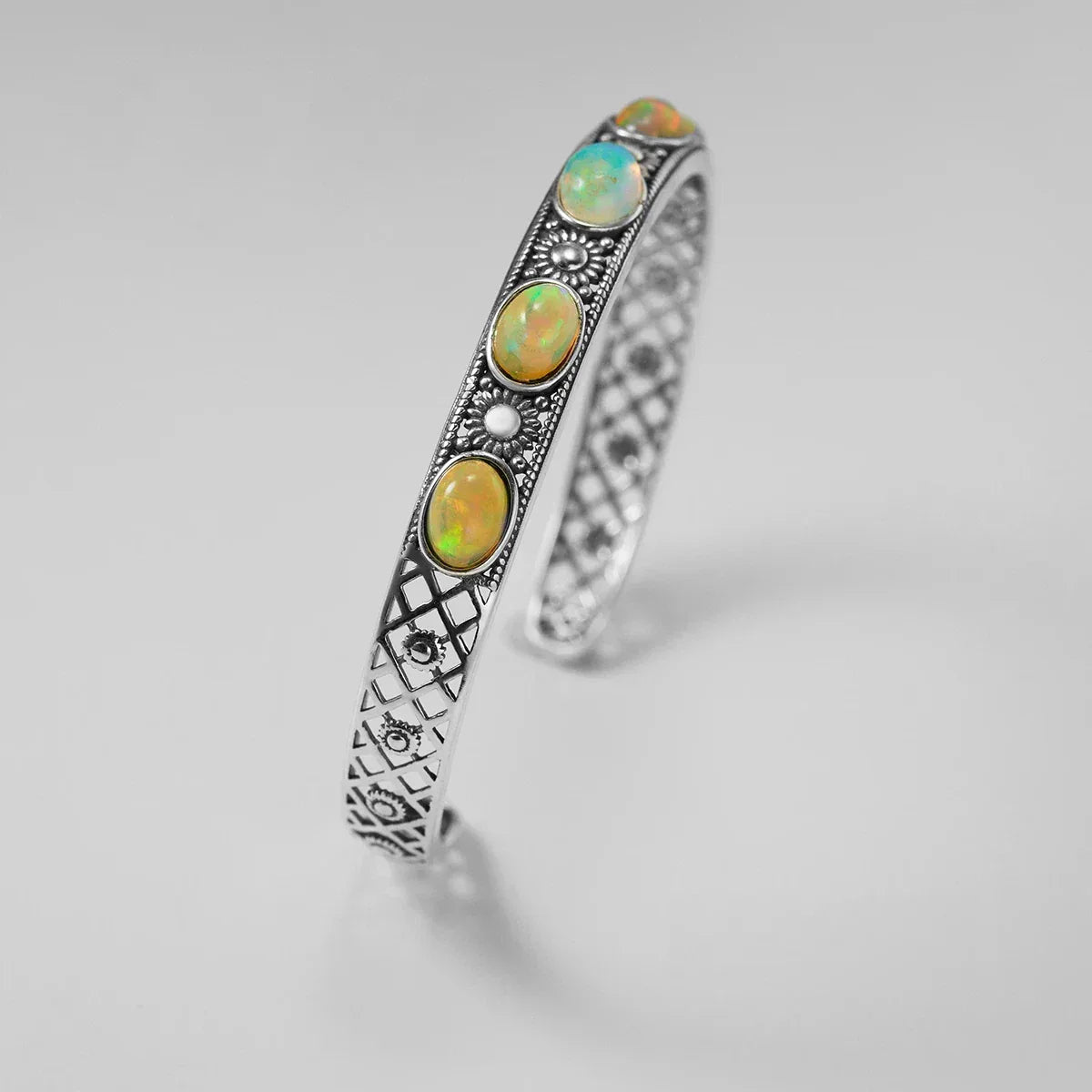 Multicolor Opal Open Cuff Bracelet worn on the wrist from another angle