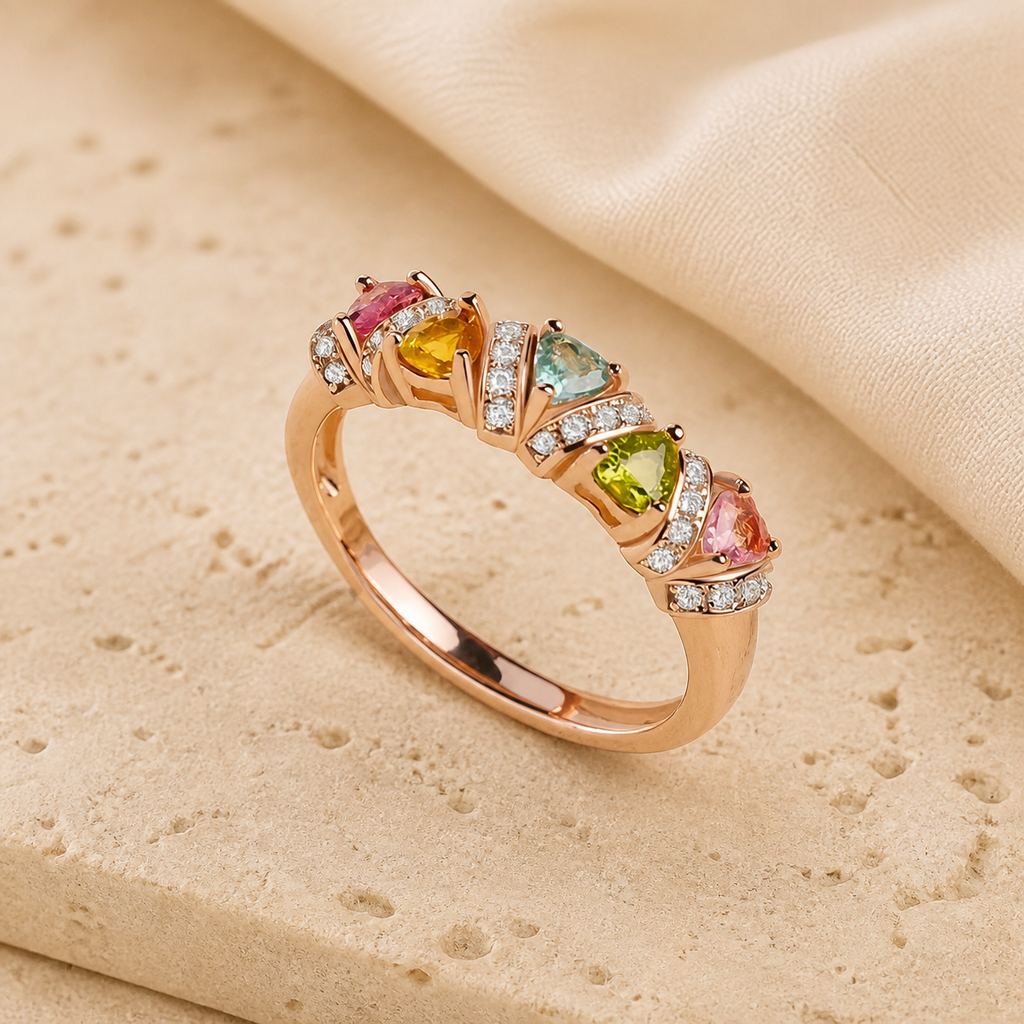 Rose-gold-tone ring with clustered pink, green, amber and clear stones on beige