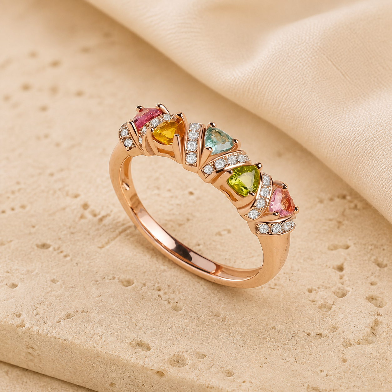 Rose-gold-tone ring with clustered pink, green, amber and clear stones on beige