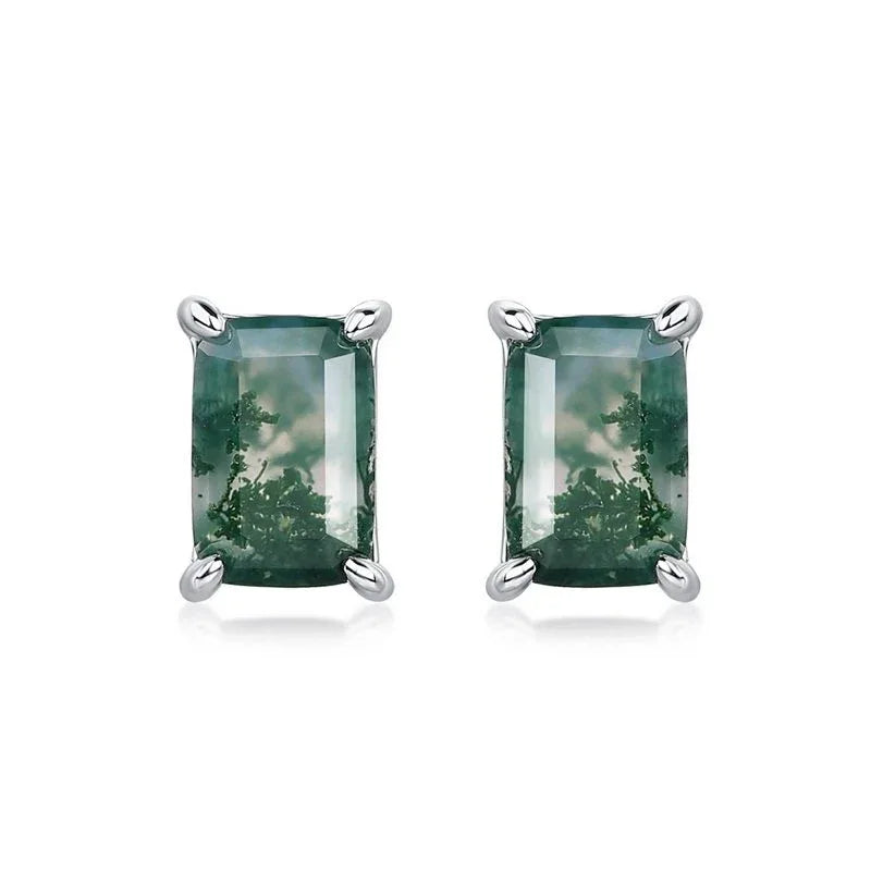 Rectangular Four-Prong Moss Agate Stud Earrings — alternate paired front view