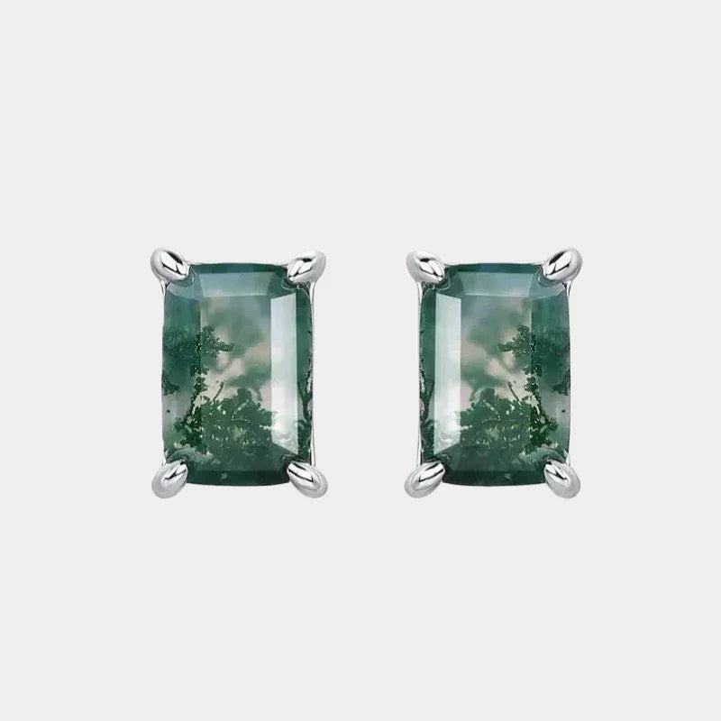 Rectangular Four-Prong Moss Agate Stud Earrings — paired front view