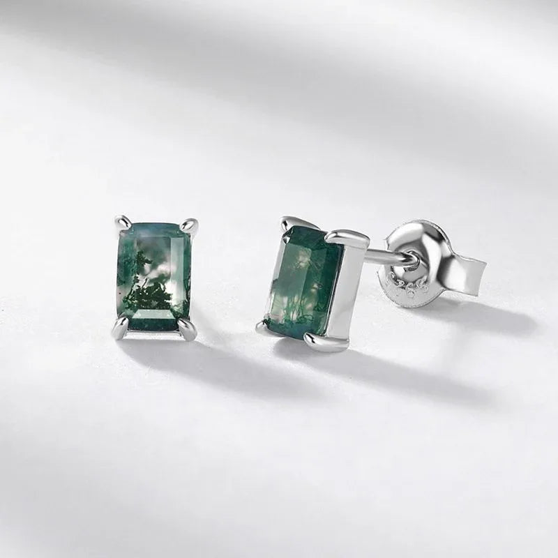 Rectangular Four-Prong Moss Agate Stud Earrings — angled paired rear view showing posts