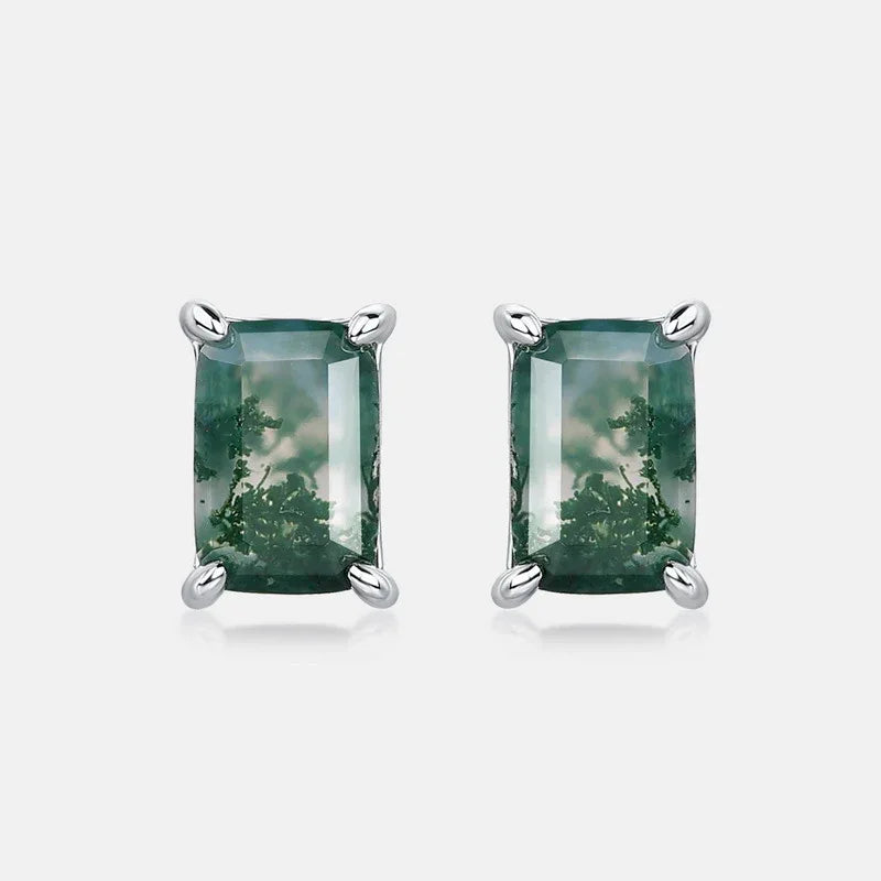 Rectangular Four-Prong Moss Agate Stud Earrings — paired front close-up