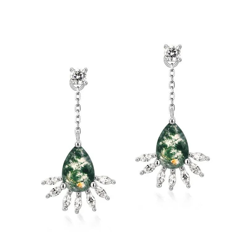 Teardrop Moss Agate Floral Chandelier Earrings — alternate paired front view