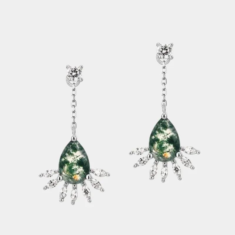 Teardrop Moss Agate Floral Chandelier Earrings — paired front view with chain links and floral drops