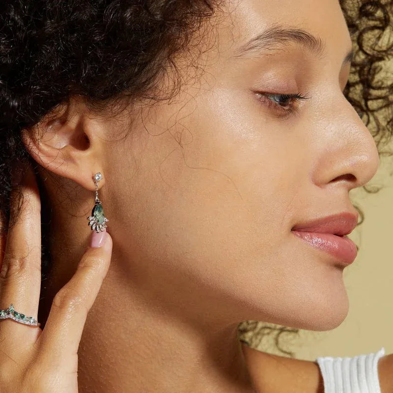 Teardrop Moss Agate Floral Chandelier Earrings — second ear-worn portrait