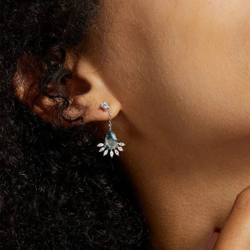 Teardrop Moss Agate Floral Chandelier Earrings — single earring worn on the ear