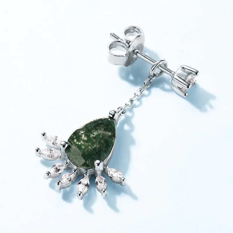 Teardrop Moss Agate Floral Chandelier Earrings — rear product view showing posts and backs