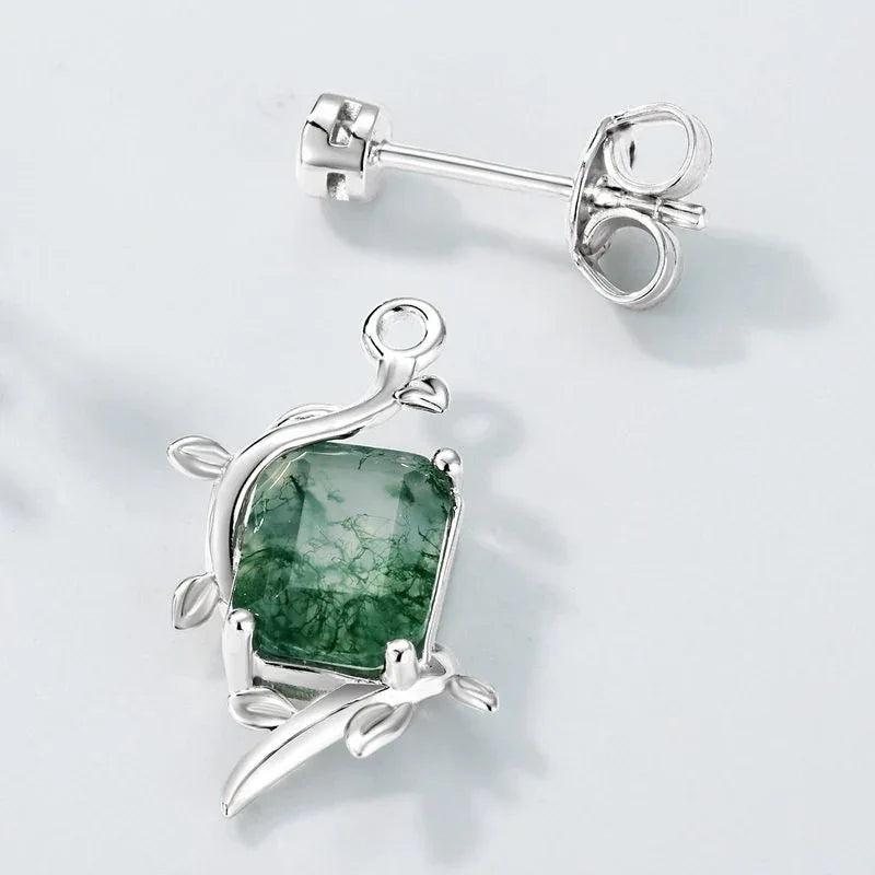 Rectangular Moss Agate Botanical Drop Stud Earrings — single rear and side close-up