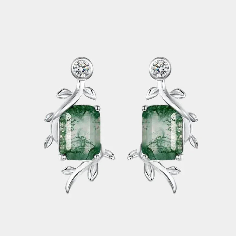 Rectangular Moss Agate Botanical Drop Stud Earrings — paired front view with round tops and rectangular stones