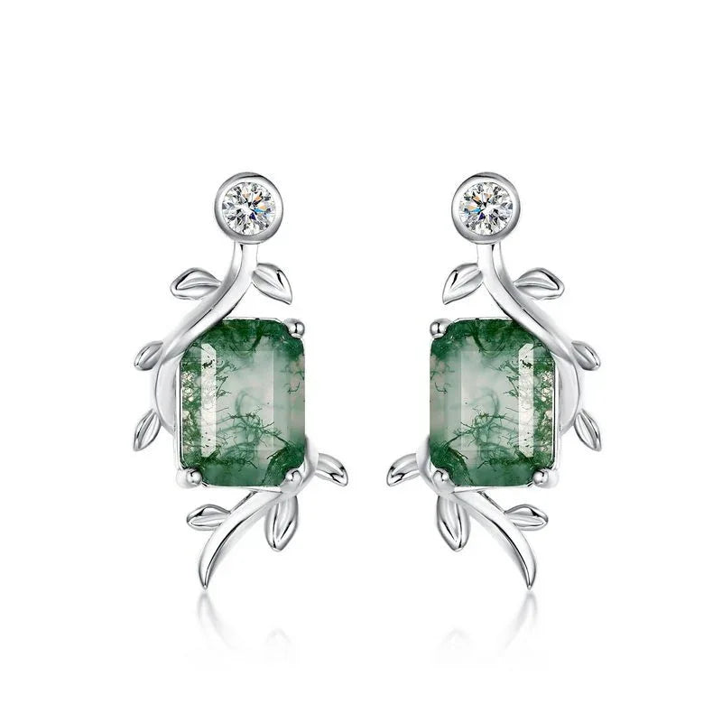 Rectangular Moss Agate Botanical Drop Stud Earrings — alternate paired front view