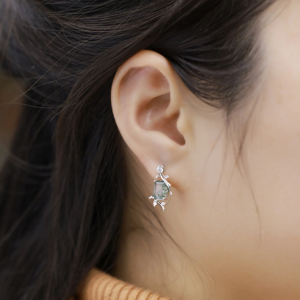 Rectangular Moss Agate Botanical Drop Stud Earrings — single earring worn on the ear