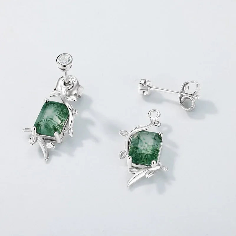 Rectangular Moss Agate Botanical Drop Stud Earrings — rear view showing posts and backs