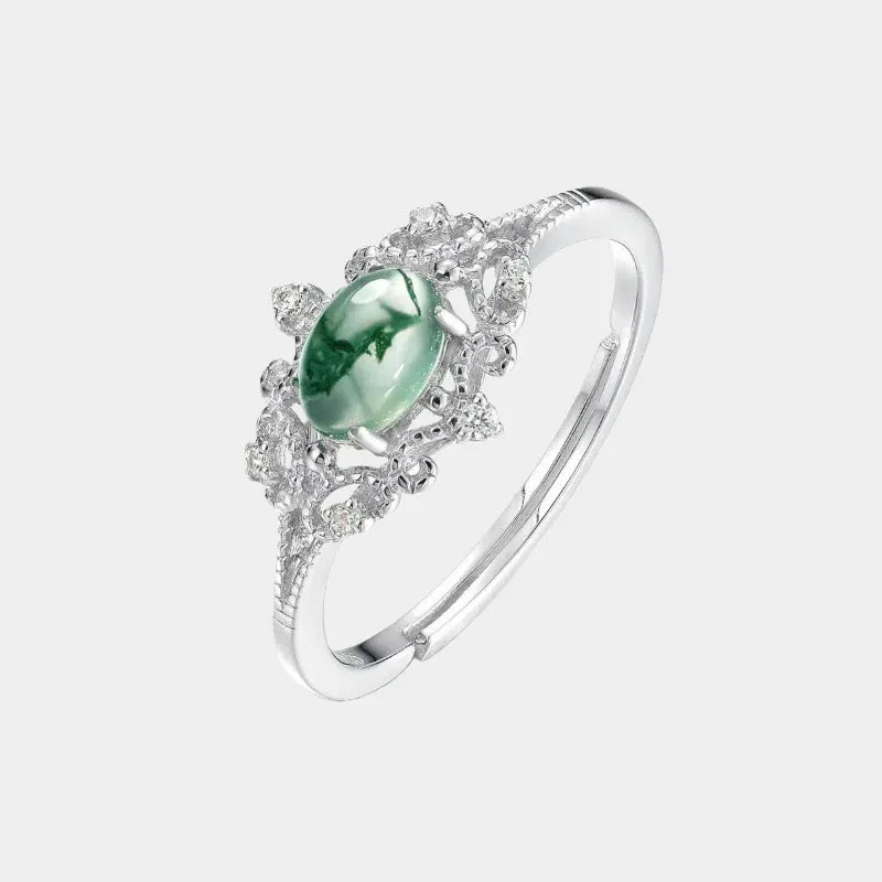 Marquise Moss Agate Cluster Halo Open Ring — isolated three-quarter ring view