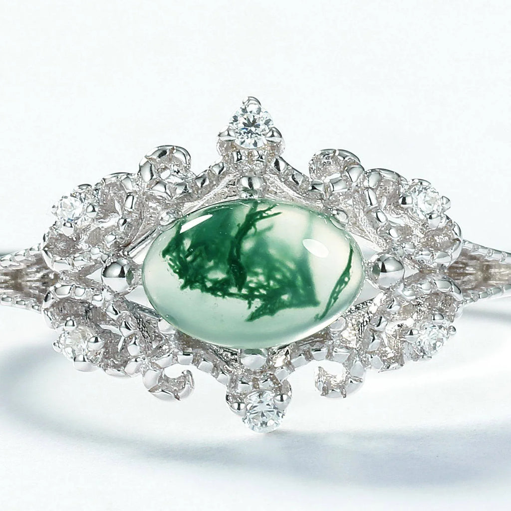 Marquise Moss Agate Cluster Halo Open Ring — marquise center and clustered halo close-up