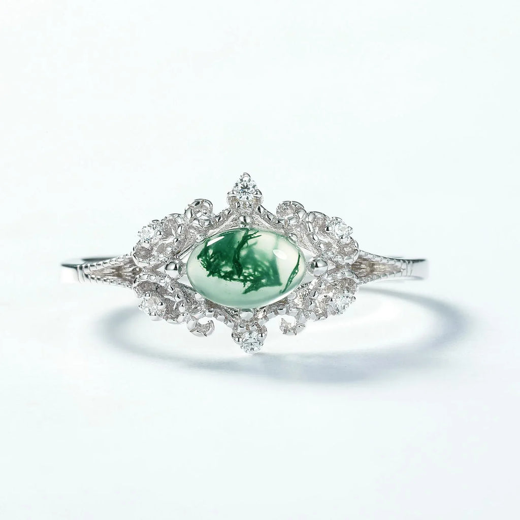 Marquise Moss Agate Cluster Halo Open Ring — front product view