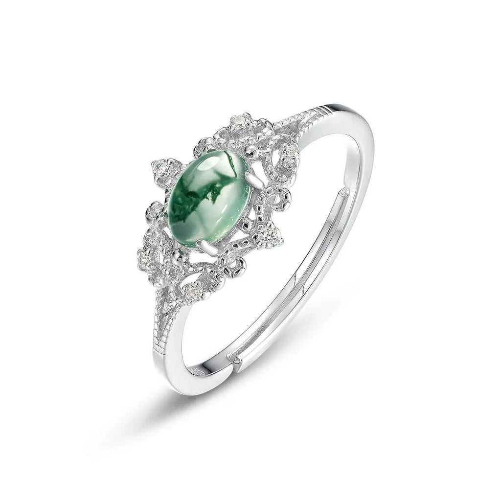 Marquise Moss Agate Cluster Halo Open Ring — alternate isolated view