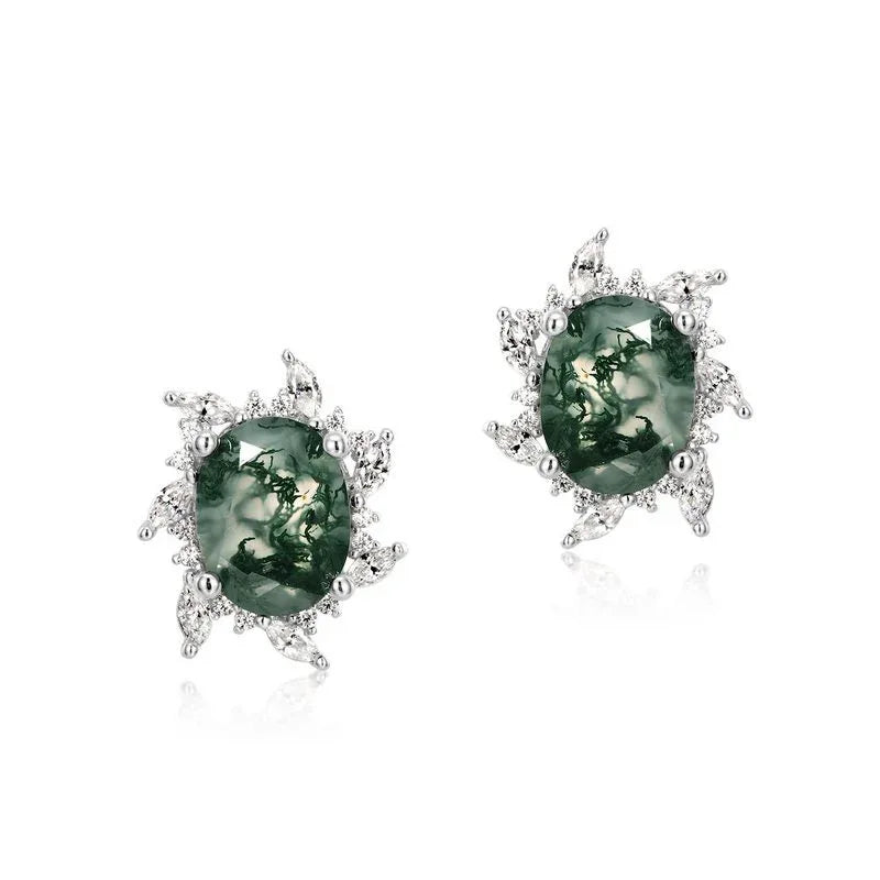 Oval Moss Agate Floral Halo Stud Earrings — alternate paired front view