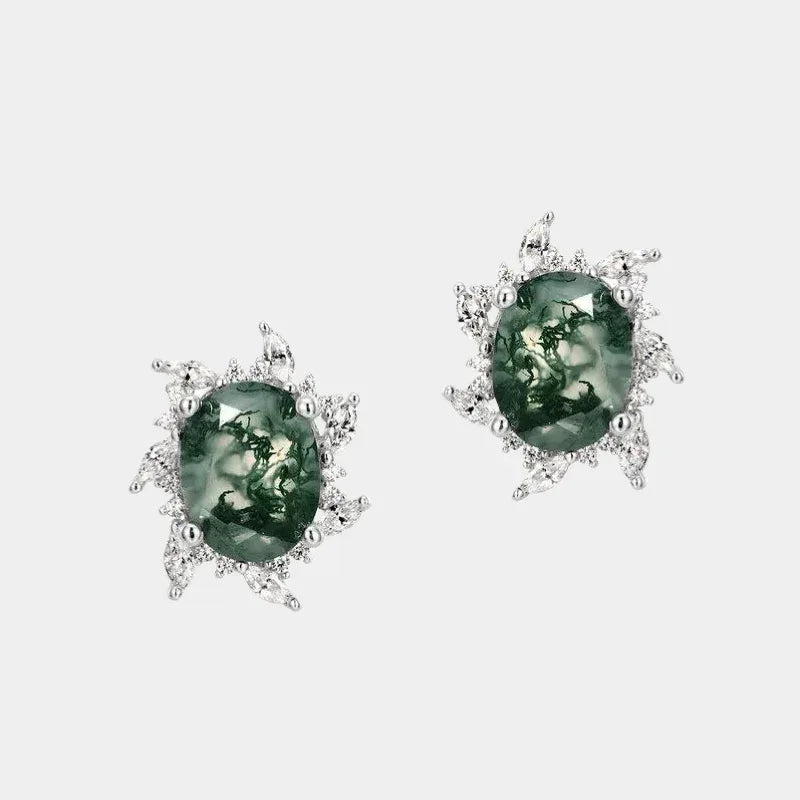 Oval Moss Agate Floral Halo Stud Earrings — paired front view