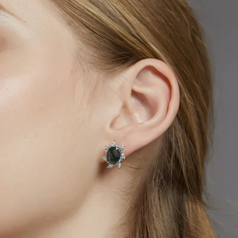 Oval Moss Agate Floral Halo Stud Earrings — second ear-worn view