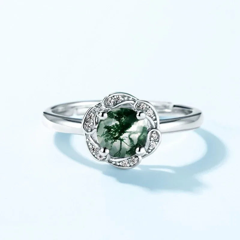 New Style Fashionable Moss Agate Open Ring — front setting detail 3