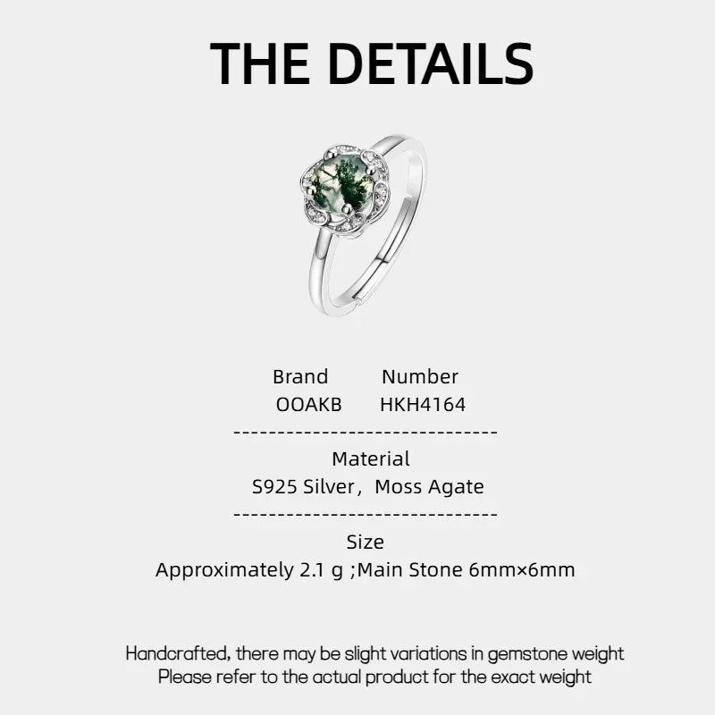 New Style Fashionable Moss Agate Open Ring — Moss Agate specification card with material and measurements