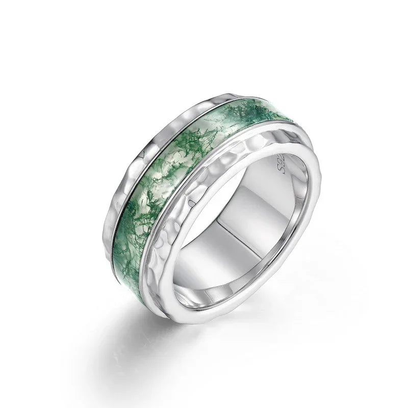 Wide-Band Moss Agate Inlay Ring — alternate isolated three-quarter view