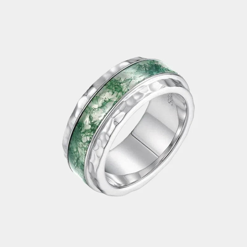 Wide-Band Moss Agate Inlay Ring — isolated three-quarter front view