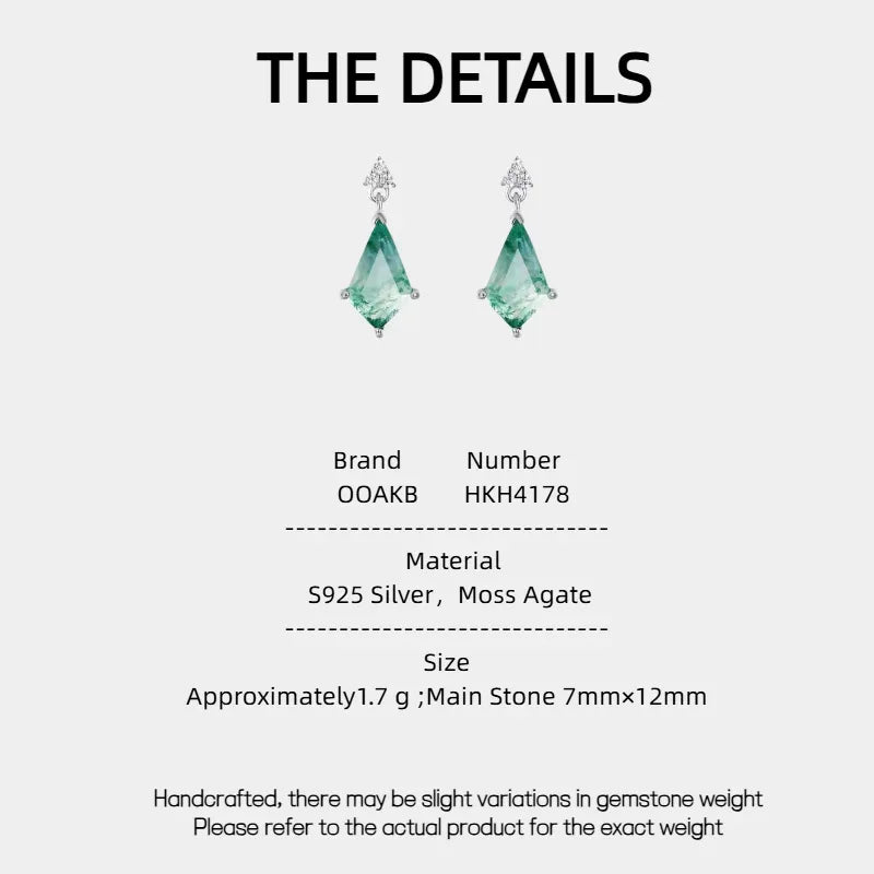 New Style Geometric Fashion Moss Agate Earrings — Moss Agate specification card with material and measurements