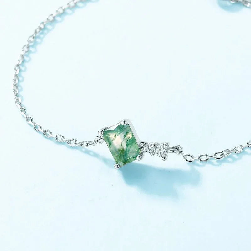 Rectangular Moss Agate Station Bracelet — center-stone close-up with chain and accent links