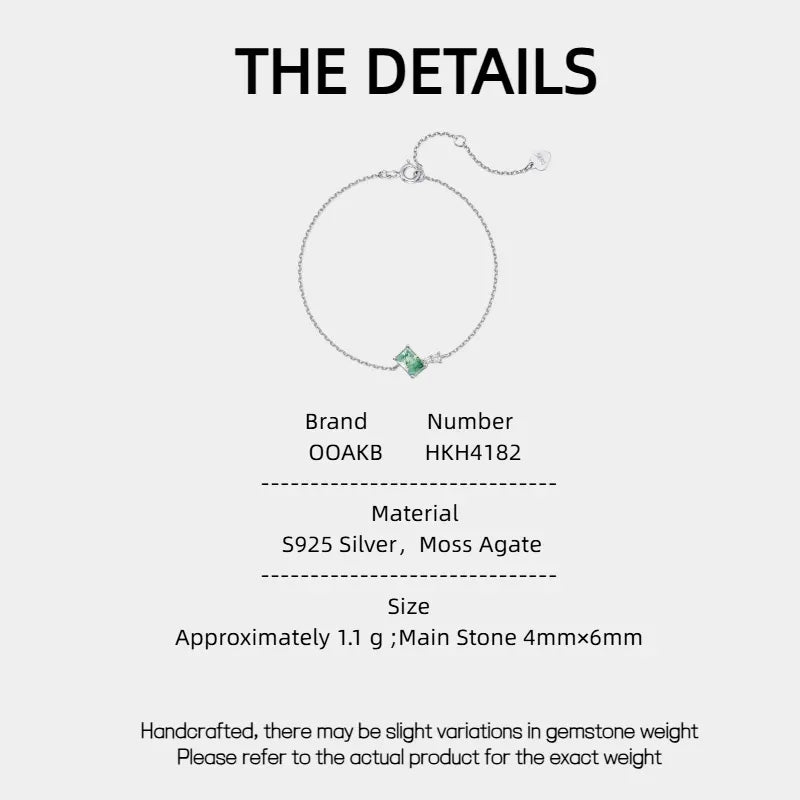 Rectangular Moss Agate Station Bracelet — product specification card