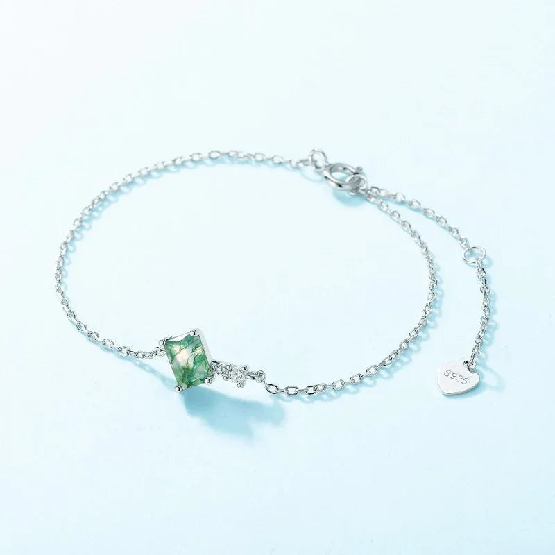 Rectangular Moss Agate Station Bracelet — front bracelet view showing rectangular center stone and side accents