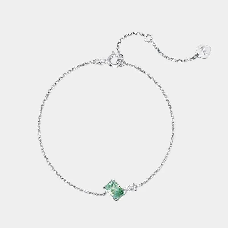 Rectangular Moss Agate Station Bracelet — full bracelet on white background