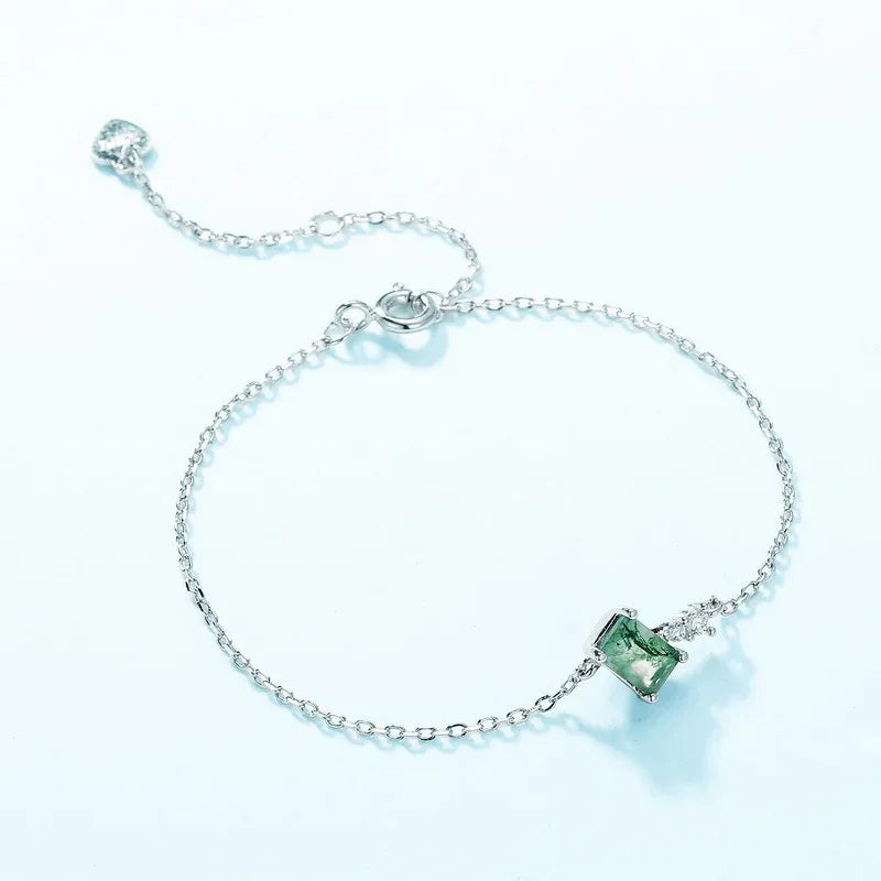 Rectangular Moss Agate Station Bracelet — angled bracelet arrangement