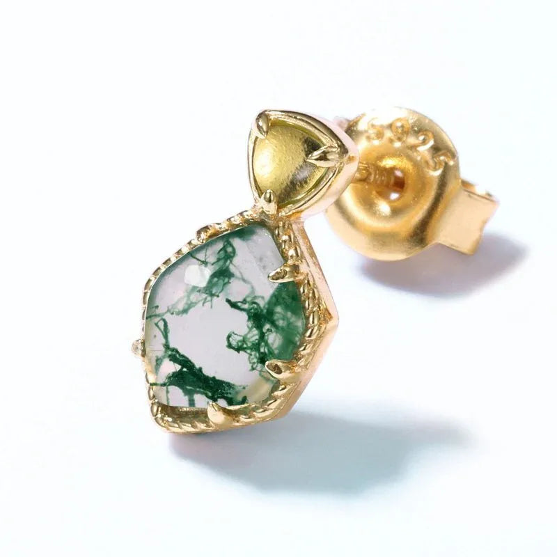 New Style Geometric Moss Agate Earrings — front setting detail 3