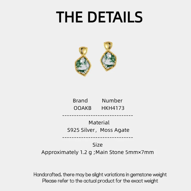 New Style Geometric Moss Agate Earrings — Moss Agate specification card with material and measurements