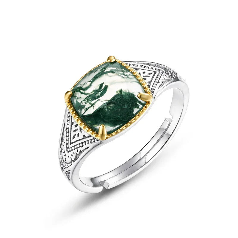 Cushion Moss Agate Two-Tone Engraved Open Ring — alternate isolated view