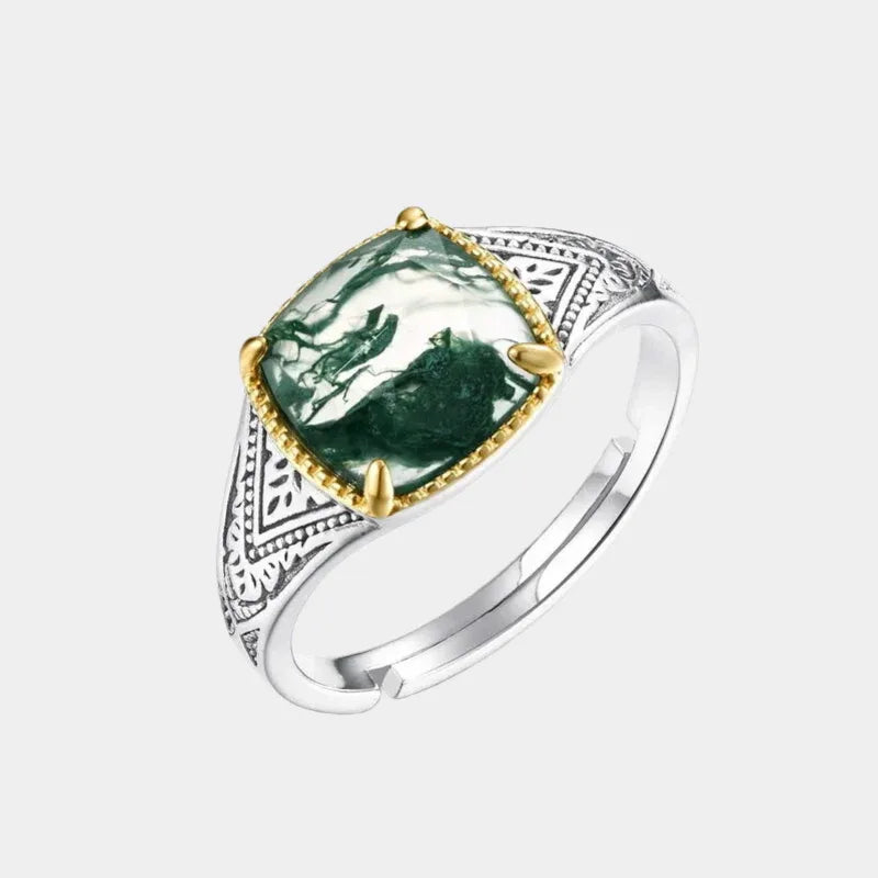 Cushion Moss Agate Two-Tone Engraved Open Ring — isolated three-quarter ring view