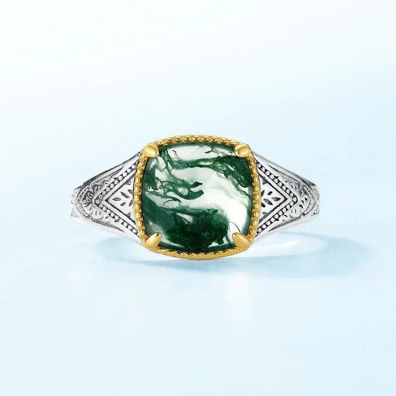 Cushion Moss Agate Two-Tone Engraved Open Ring — front product view