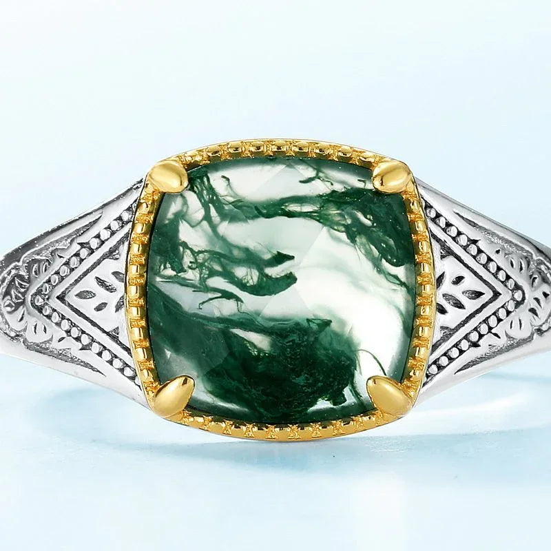 Cushion Moss Agate Two-Tone Engraved Open Ring — cushion center and engraved silver-tone shoulders close-up