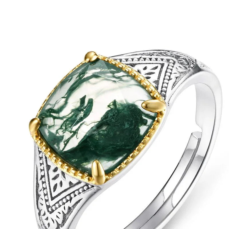 Cushion Moss Agate Two-Tone Engraved Open Ring — side close-up showing gold-tone bezel and engraved band