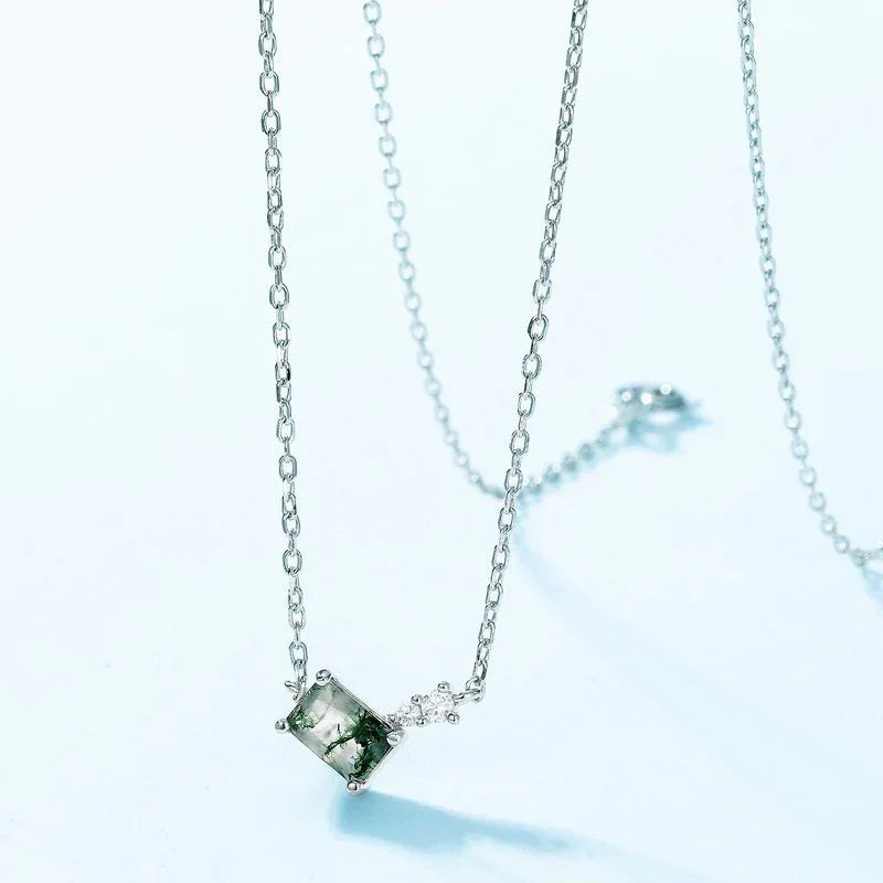 Rhombus Moss Agate Station Necklace with Side Accents — angled necklace arrangement