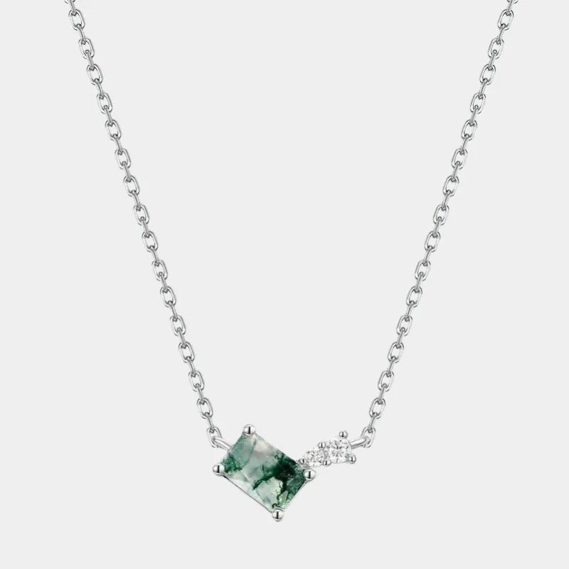Rhombus Moss Agate Station Necklace with Side Accents — full necklace on white background