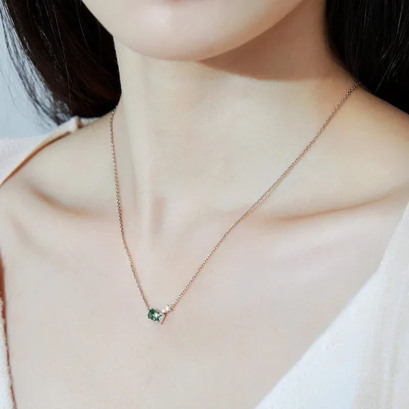 Rhombus Moss Agate Station Necklace with Side Accents — necklace worn at the neckline