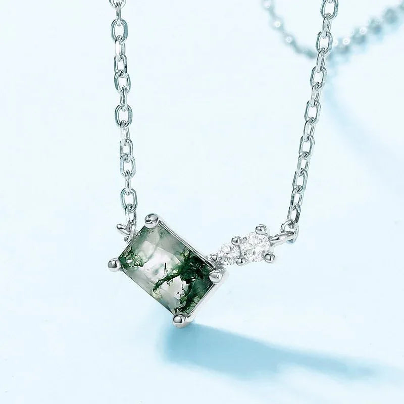 Rhombus Moss Agate Station Necklace with Side Accents — rhombus center stone and side-accent close-up