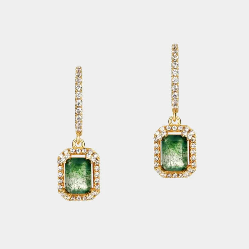 Rectangular Moss Agate Halo Bar Drop Earrings — paired front view showing gold-tone long bar drops and rectangular halos